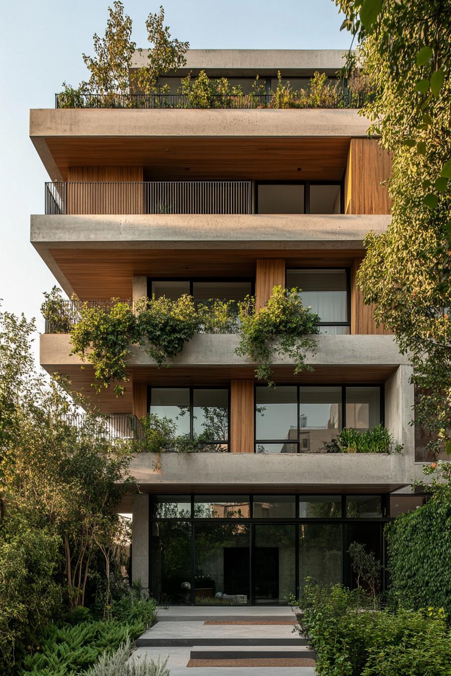 Modern building with lush greenery and wooden accents