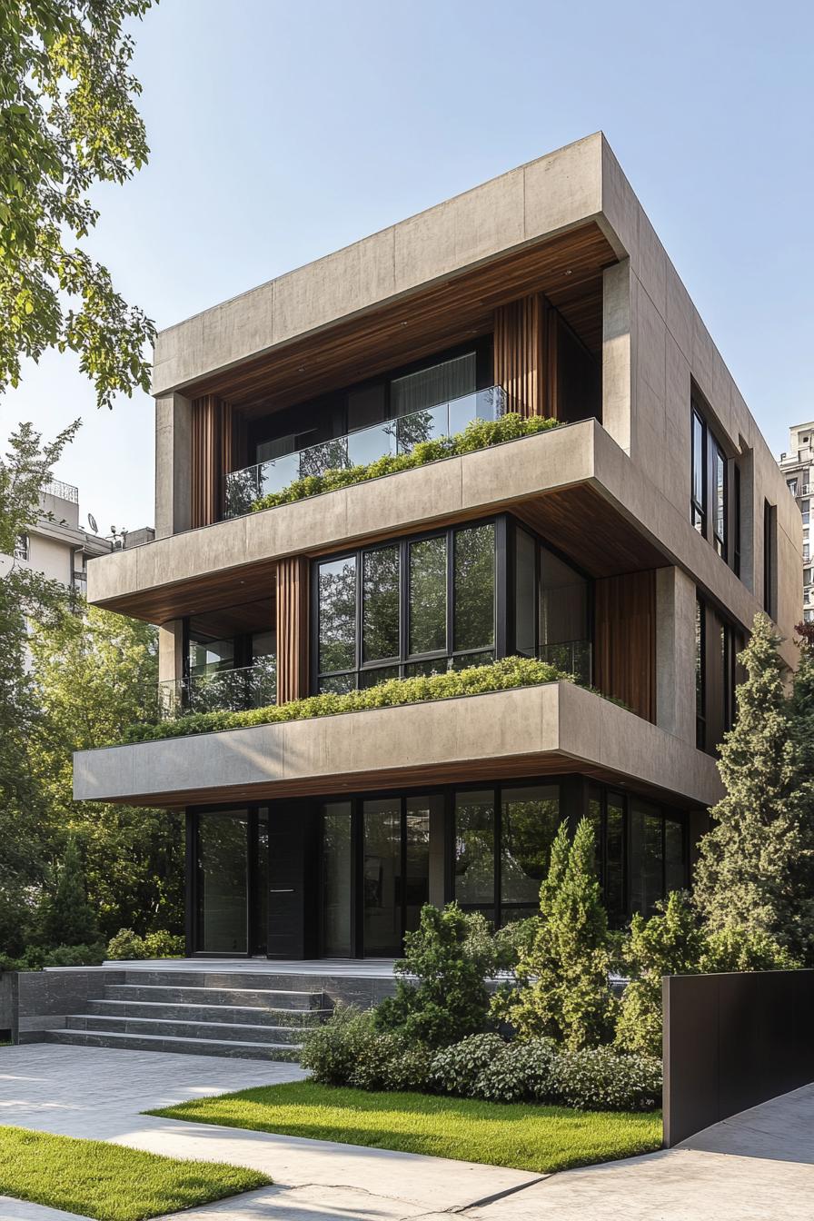 A modern three-story building with lush greenery