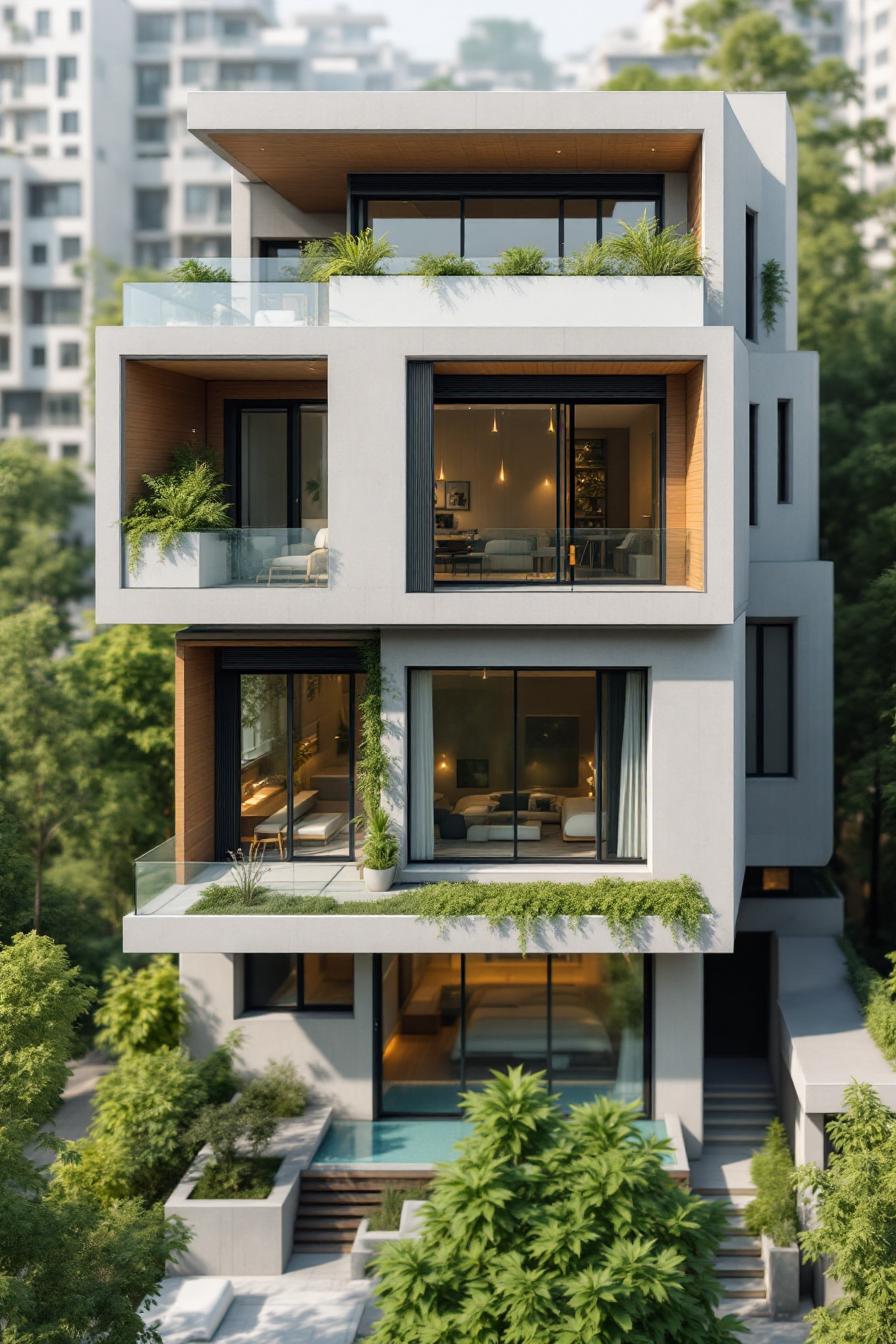 Contemporary multi-story building with lush greenery