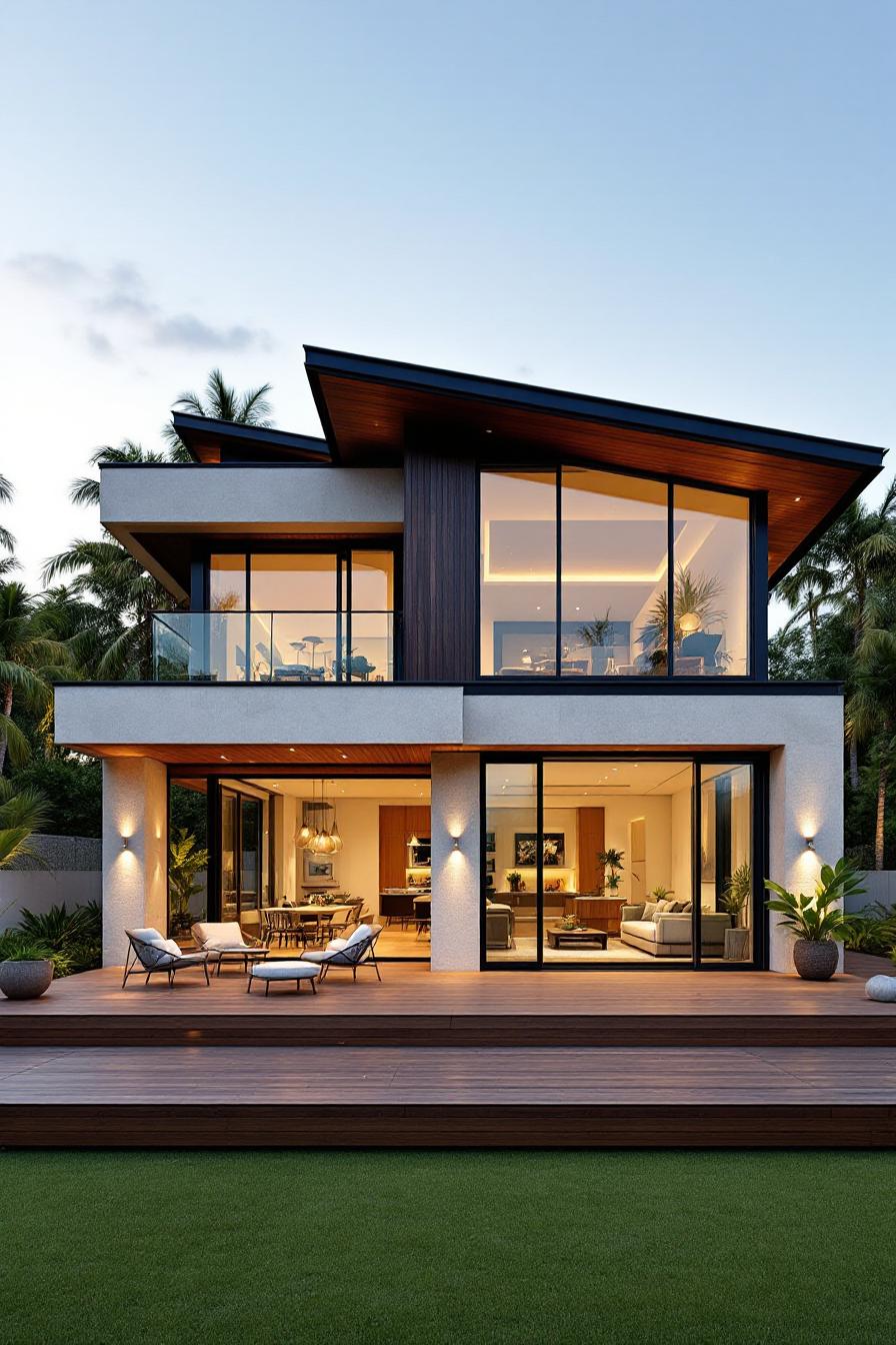 Modern tropical house with large glass windows