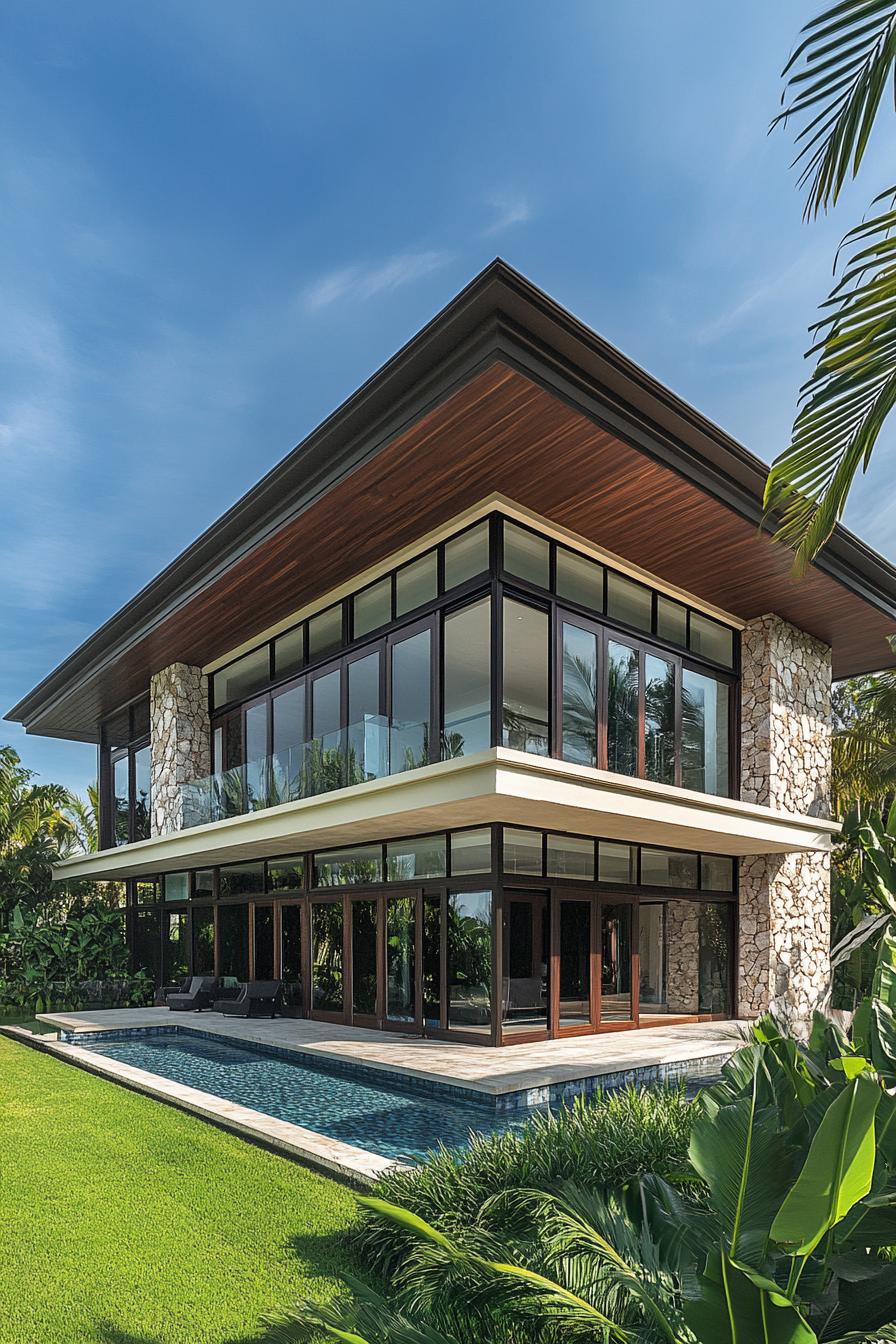 Modern tropical house with stone and glass facade by a pool