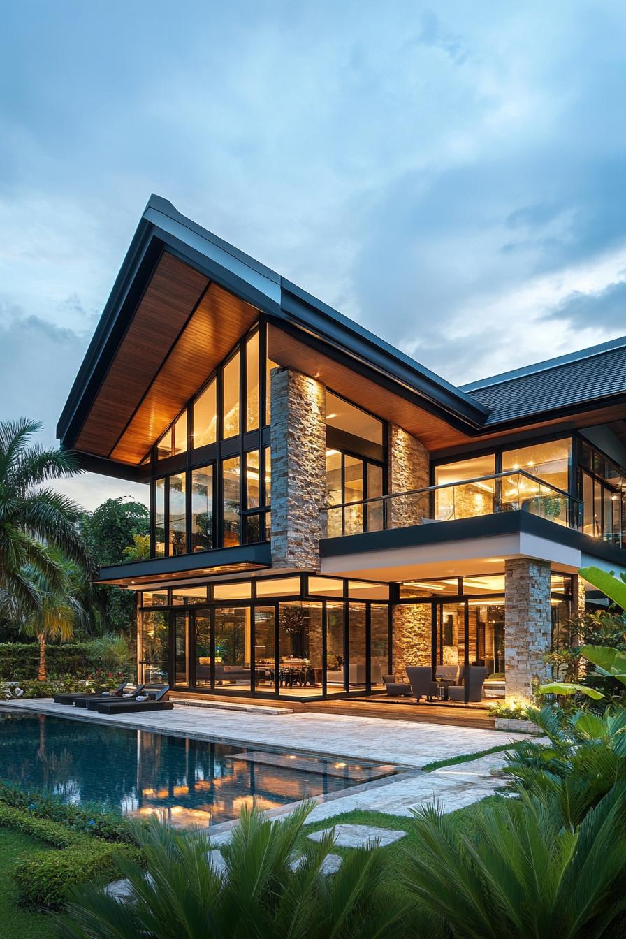 Modern house with large glass walls and stone accents