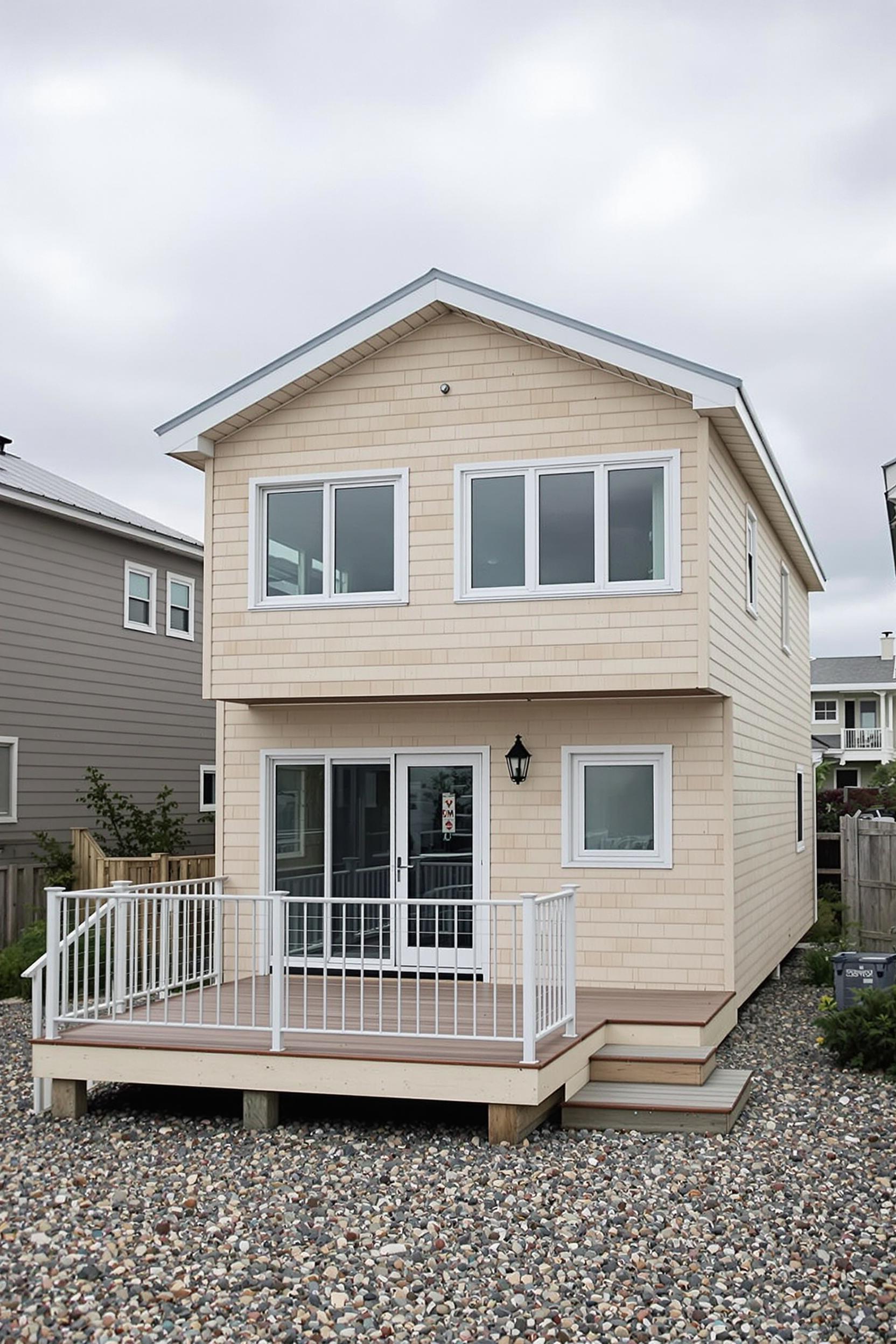 Small beige beach house with a front deck