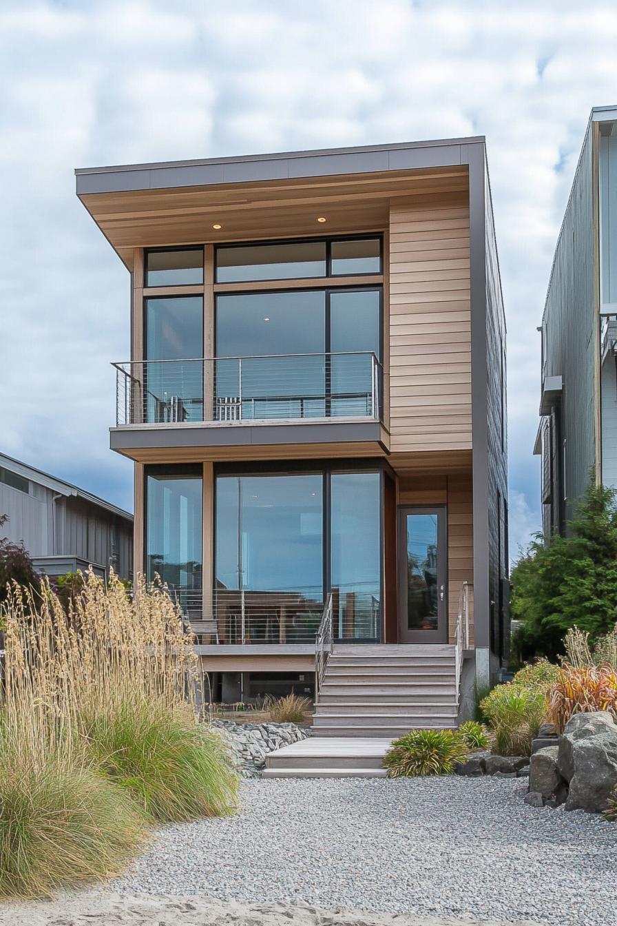 Modern beach house with large windows and wooden exterior