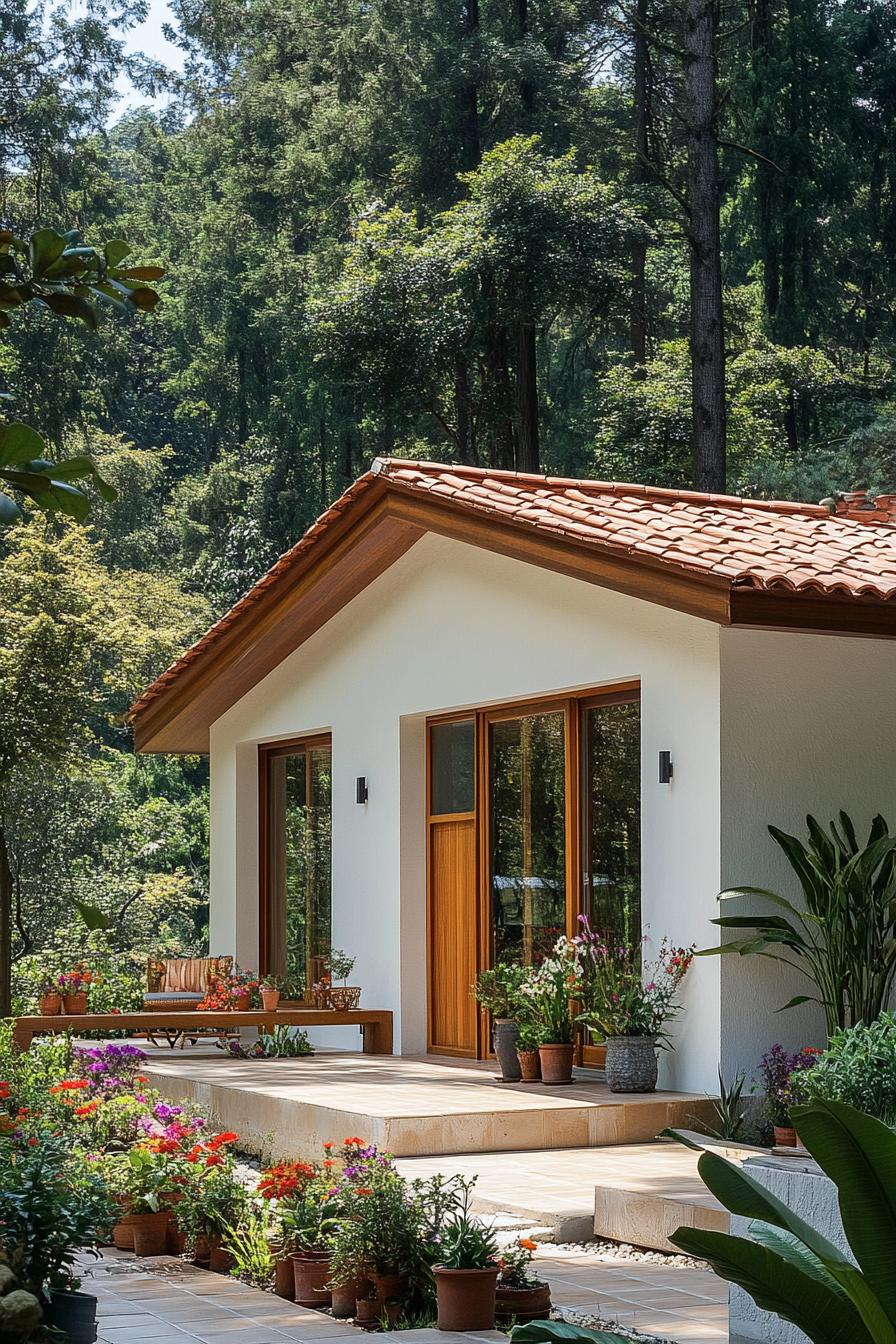 Cozy small cottage surrounded by greenery