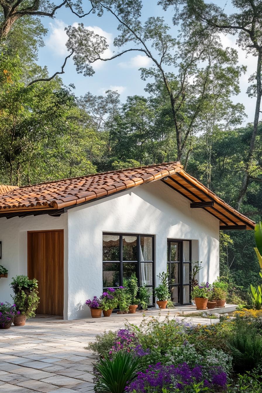 White cottage with a terracotta roof amidst lush greenery