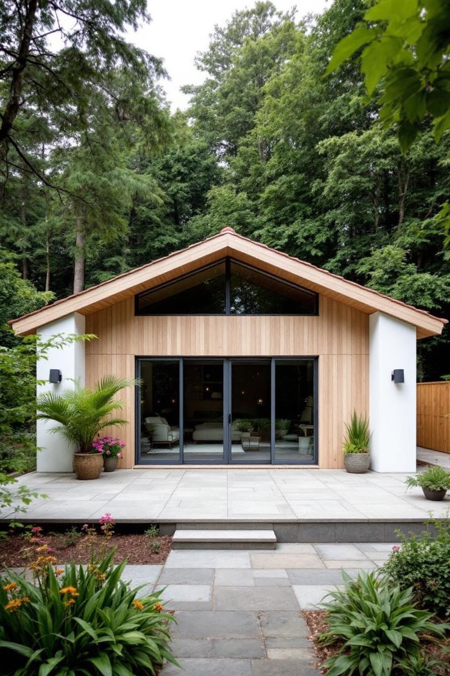 Small wooden house in lush greenery, featuring large glass doors and a cozy patio