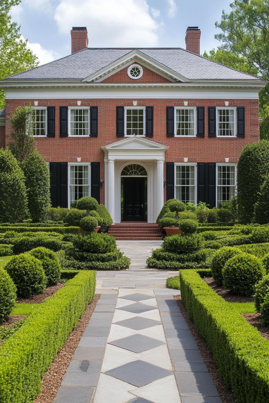 Elegant Georgian facade with lush hedges