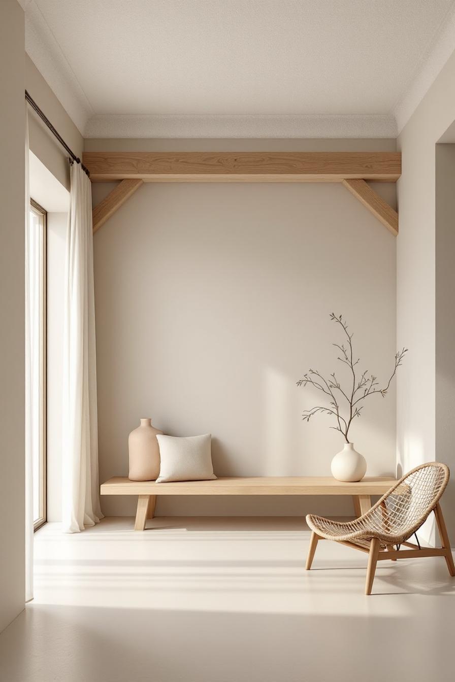 Simple interior with wooden bench and woven chair