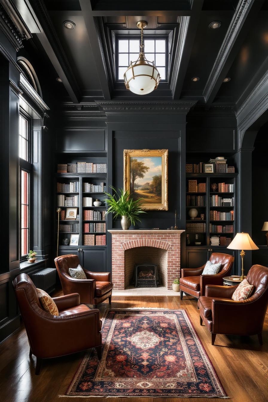 A sophisticated American colonial style contemporary library offers a refined aesthetic with a dominant dark color theme. The room exudes elegance 1