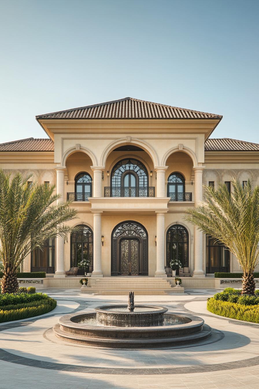 Elegant mansion with columns and fountain