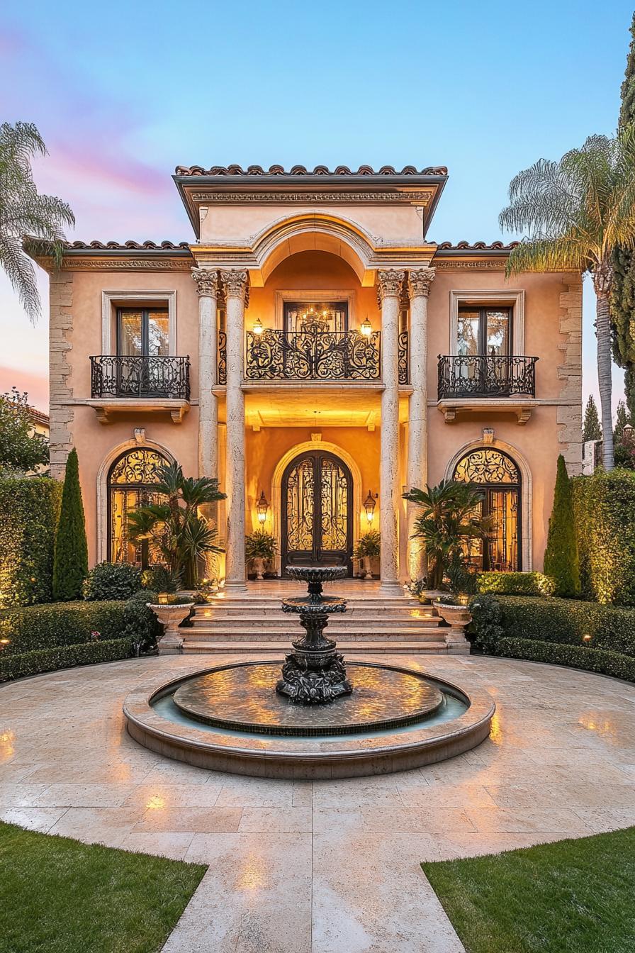 Luxury house with a grand entrance and fountain