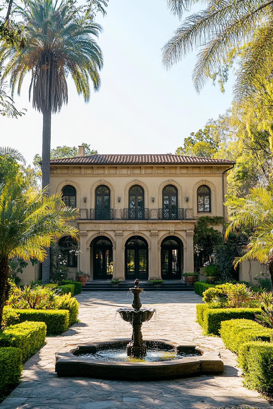 Two-story house with arched windows and a stone fountain