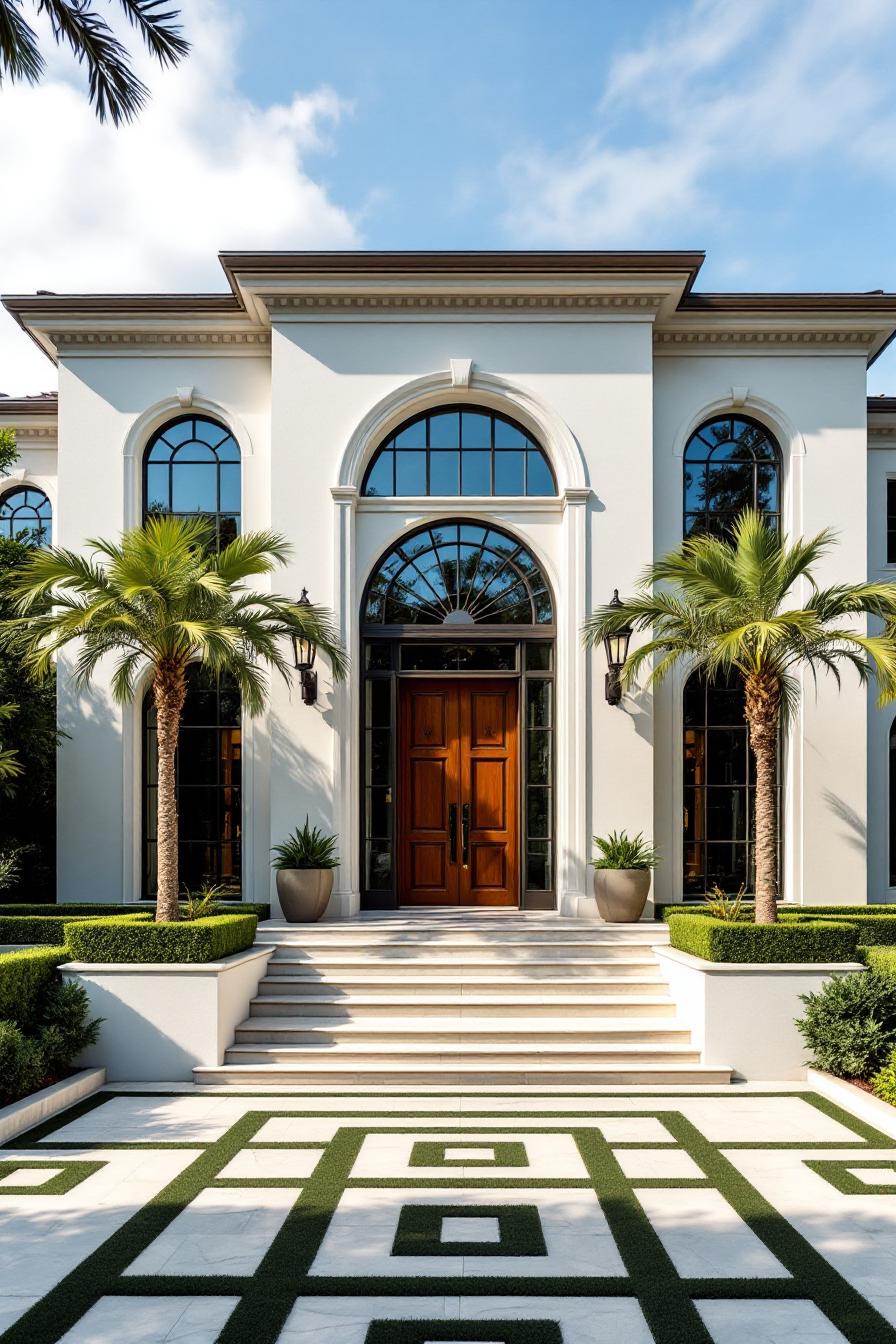 Classic luxury house with grand entrance and palm trees