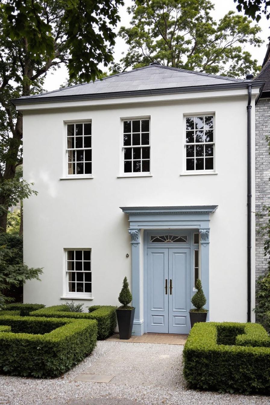 White Georgian house with blue door and manicured hedges