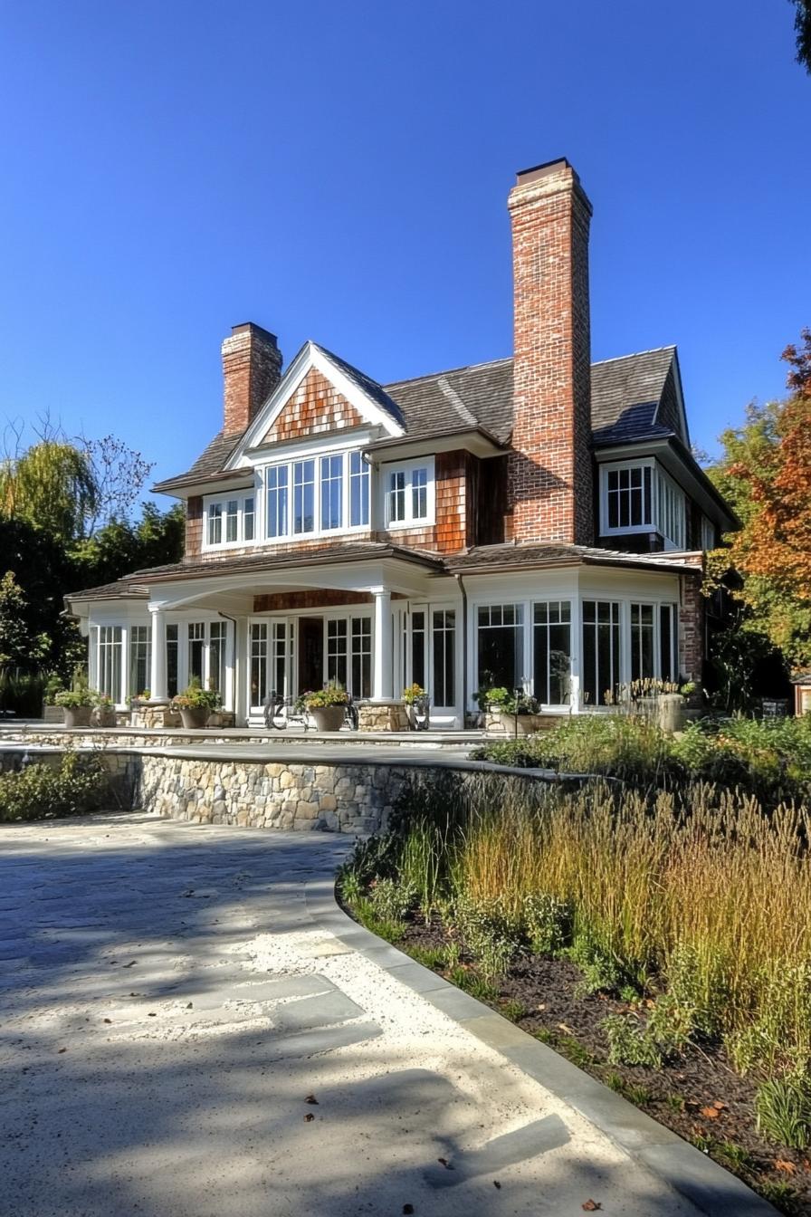 Classic Hamptons-style house with large brick chimneys and stone accents