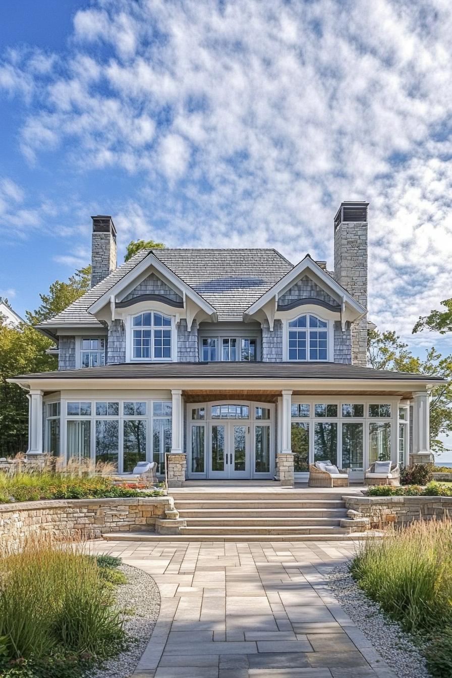 Cozy coastal house with large windows and stone chimneys