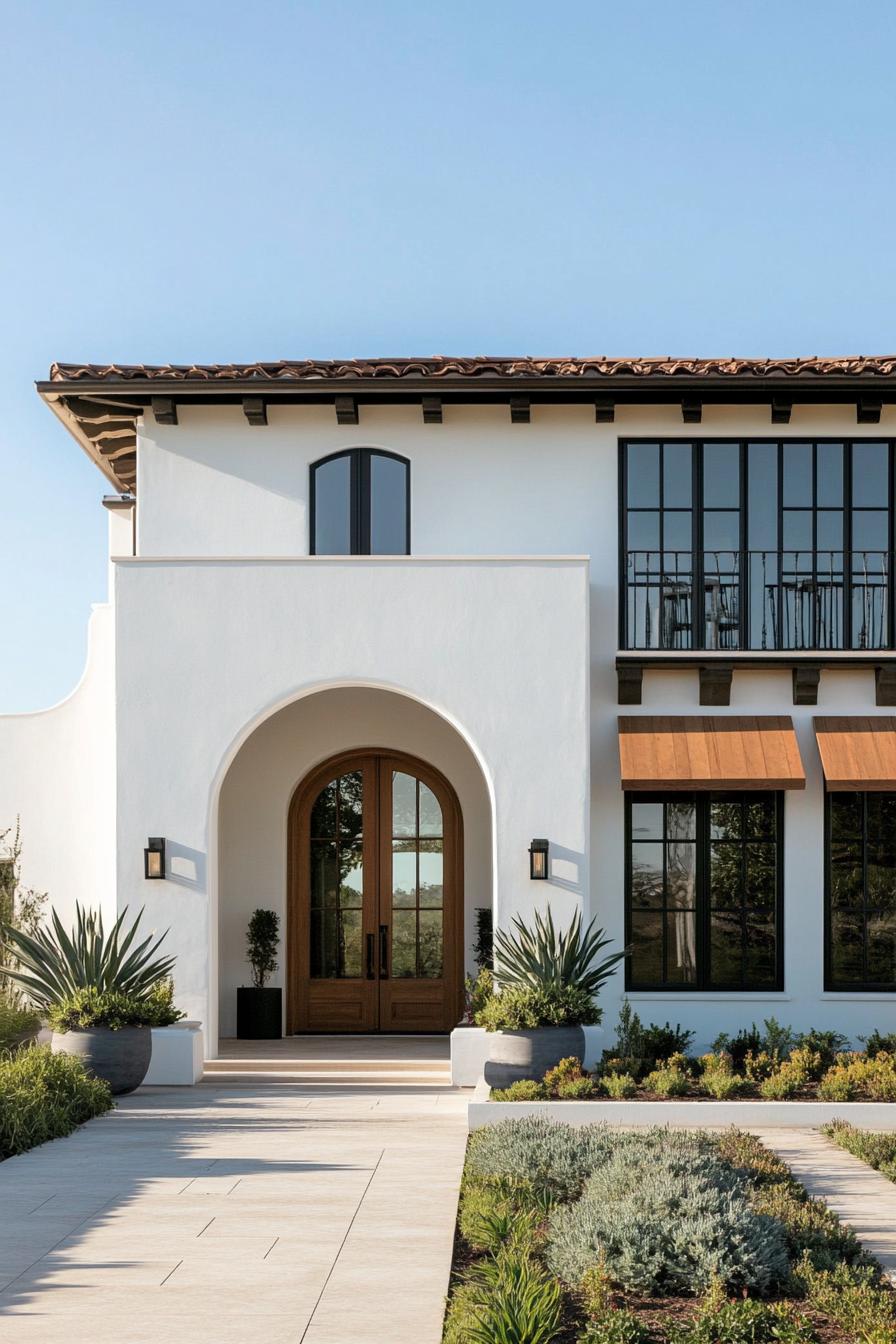 Front view of a Mediterranean-style house with an arched entrance