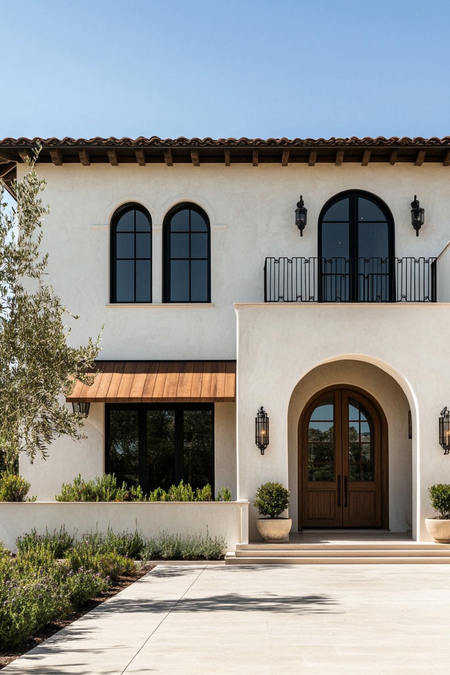 Exterior of a Mediterranean-style house with arched windows