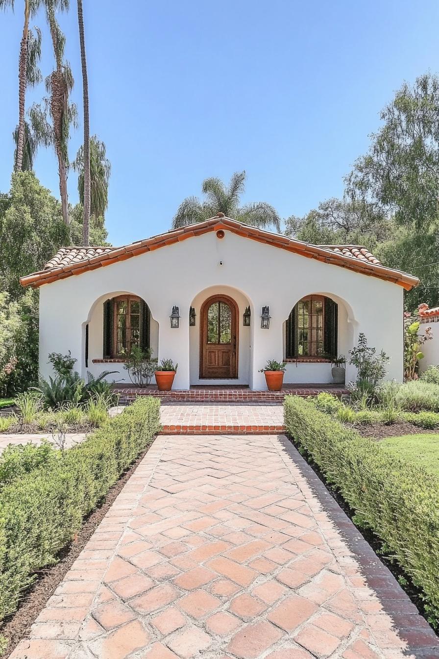 Spanish-style bungalow with arched windows and tile roof