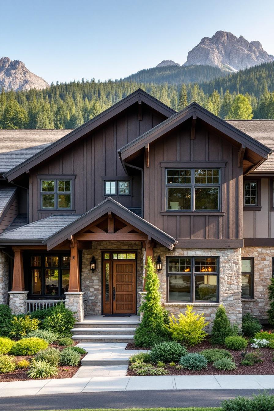 Rustic house with wooden elements and stone facade