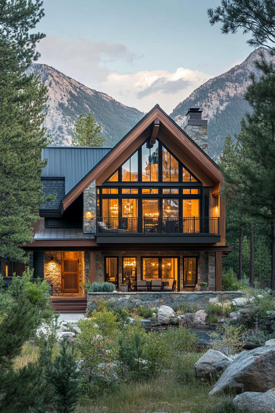 Charming cabin nestled among towering pine trees with a mountain backdrop