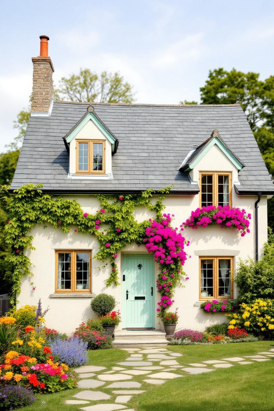 English cottage exterior compact two story facade cream stucco walls stone accents steep gabled roof with gray shingles small dormer windows with