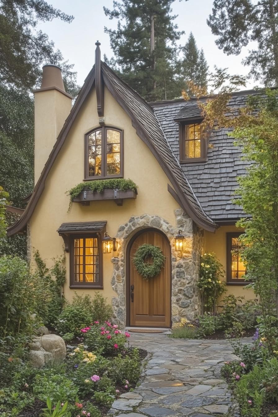 A cozy cottage with shingled roof and stone pathway