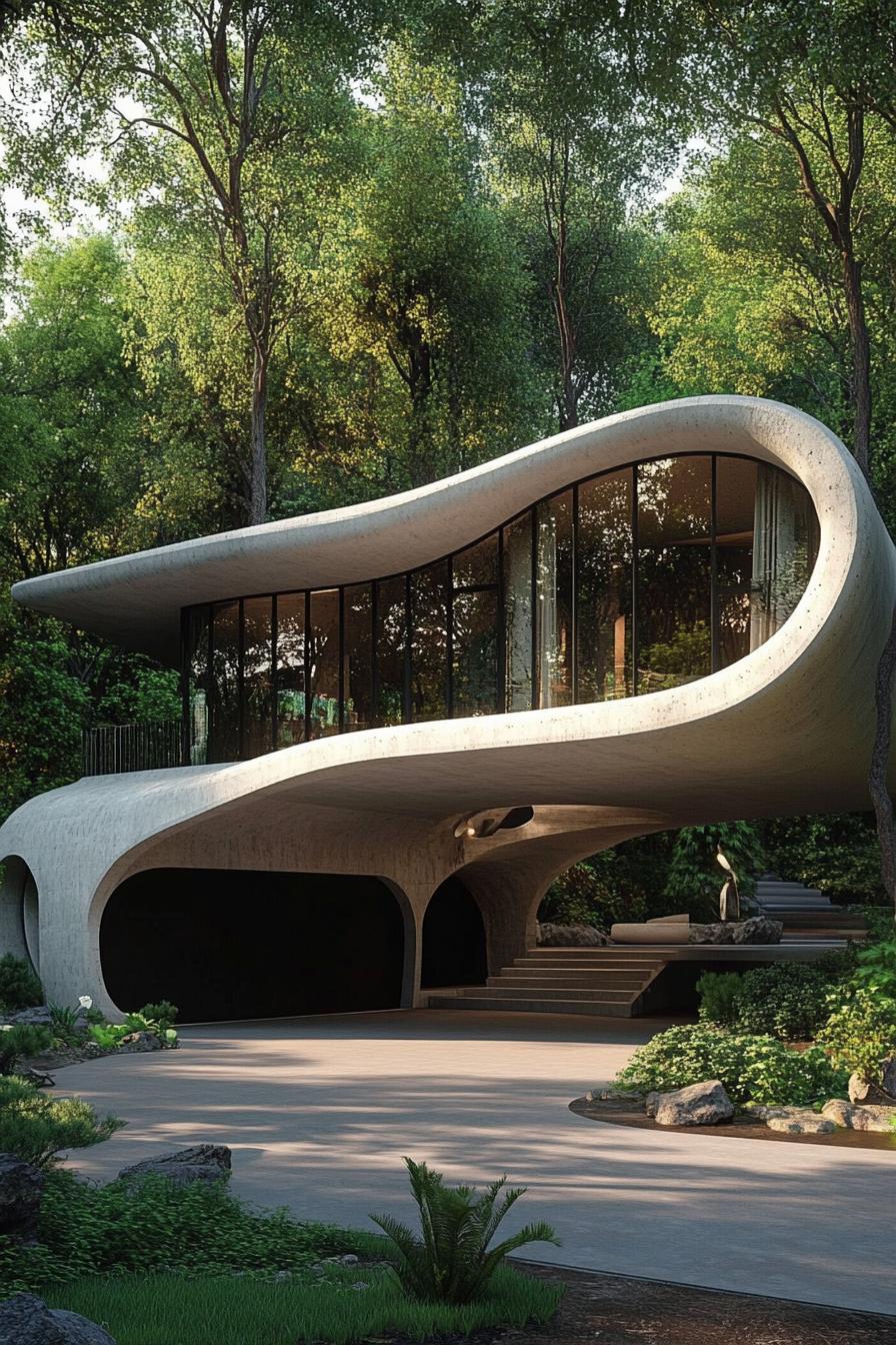 Futuristic home with curved architecture in a forest setting