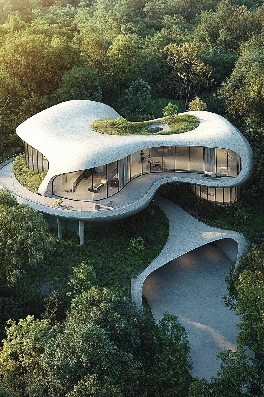 Futuristic home with curved surfaces and rooftop greenery