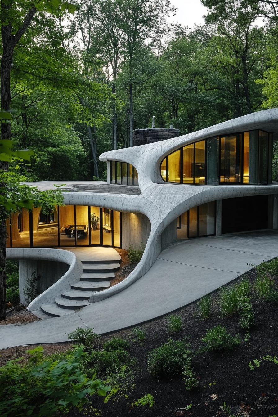 Futuristic home nestled in the forest with curved concrete design