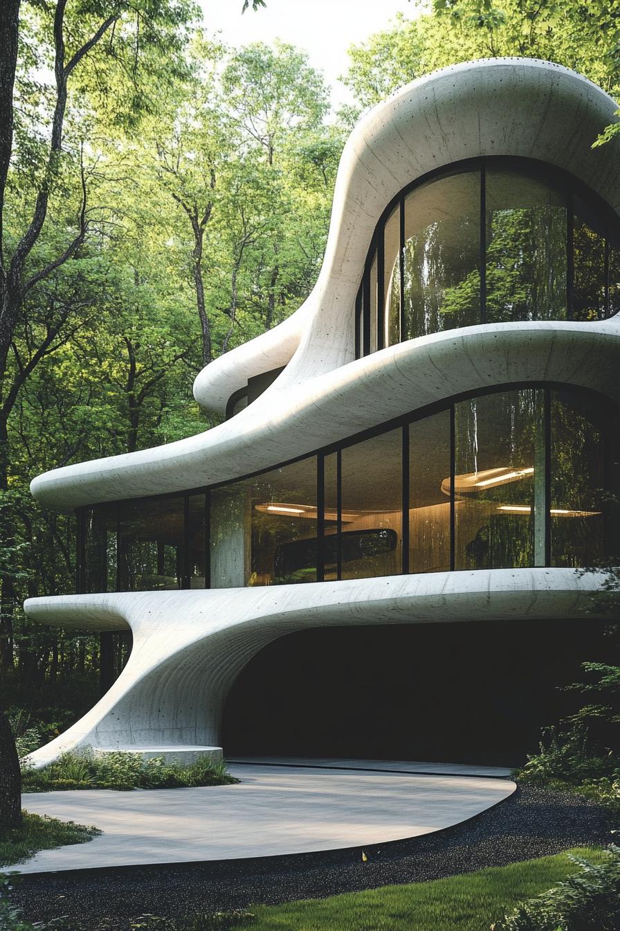 Futuristic home with organic curves nestled in a forest