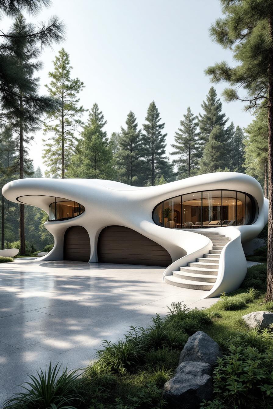 Futuristic home with organic curves and large windows in a forest setting