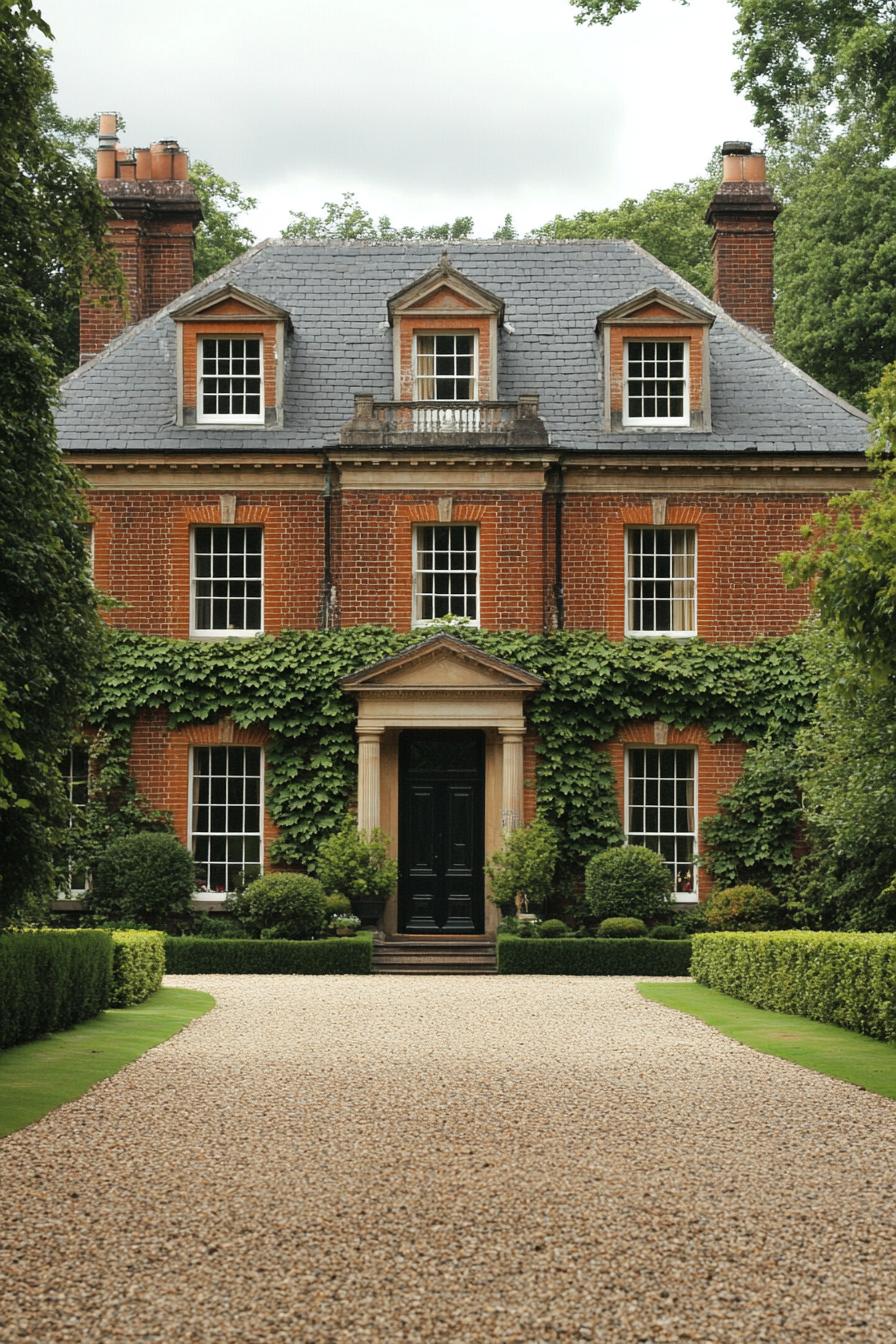 Grand Georgian house with ivy-covered walls and a stone driveway