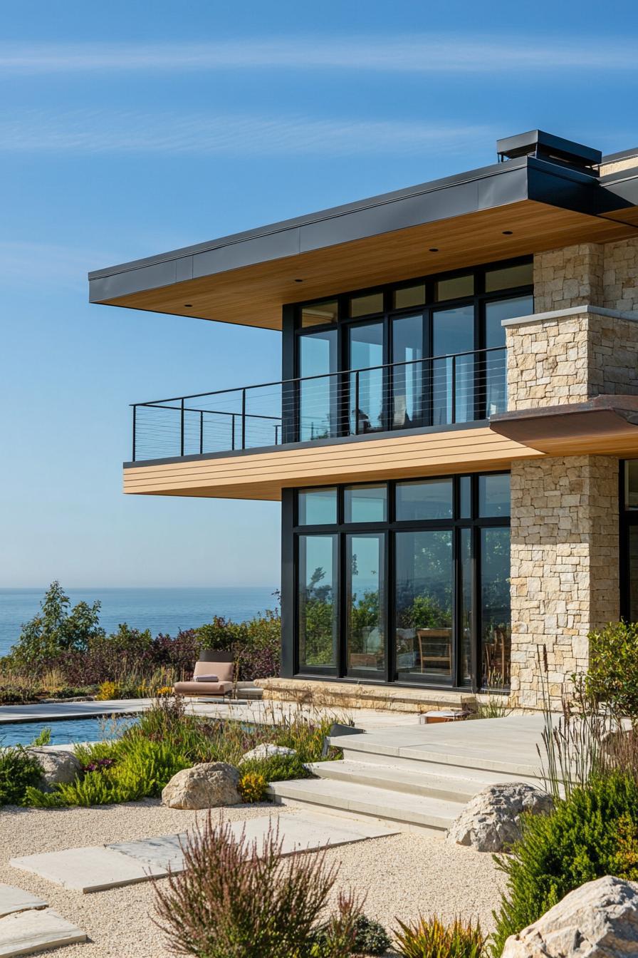 Modern beach house with large windows overlooking the ocean