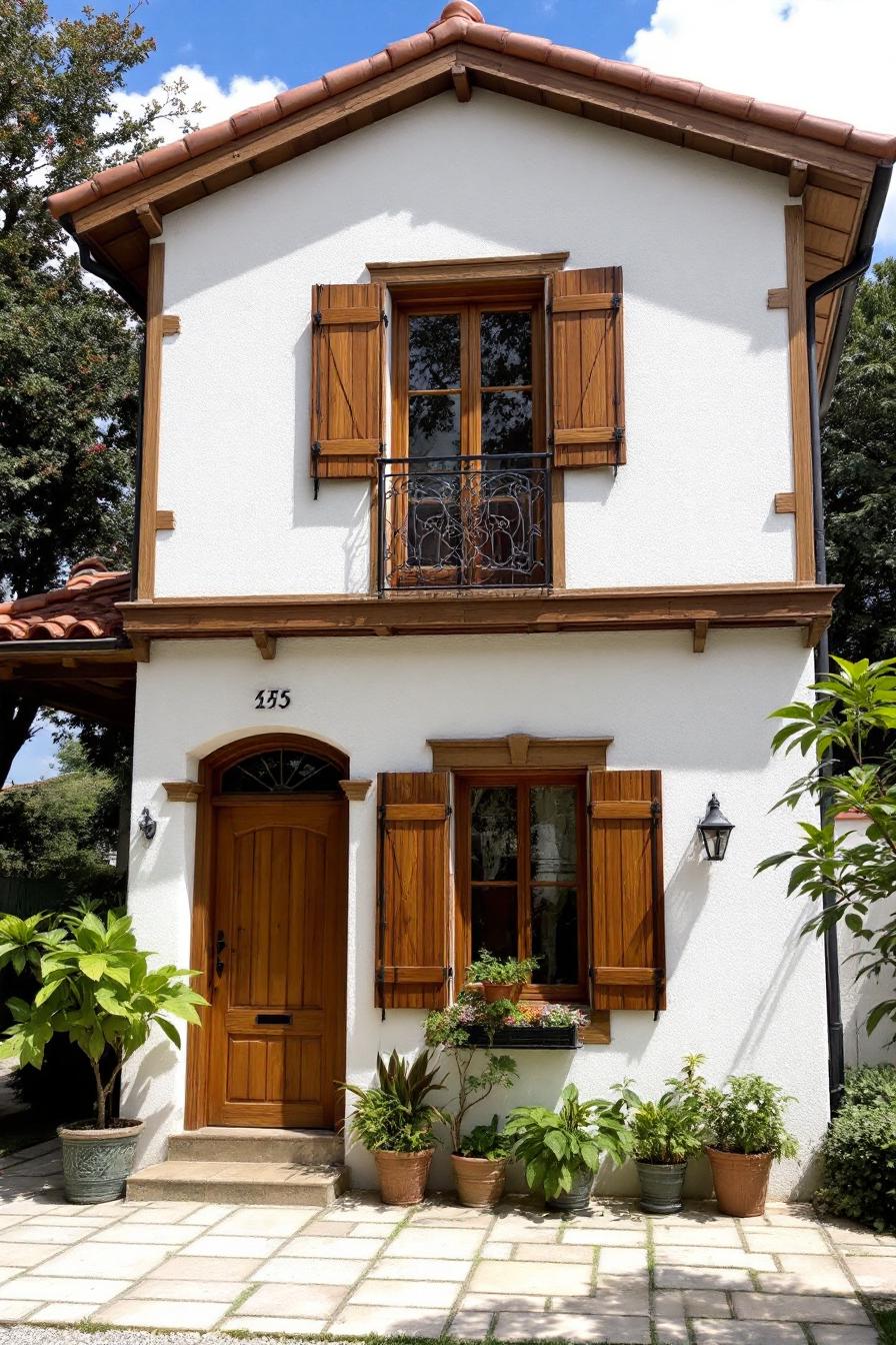 Cozy villa with wooden shutters and potted plants