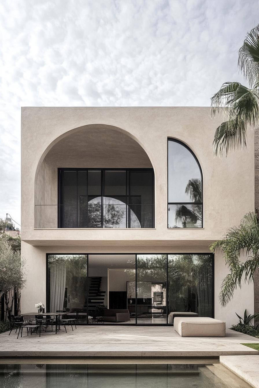 Modern house with large archways and a serene poolside view