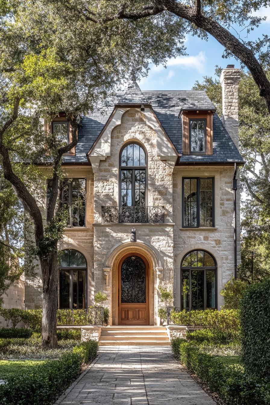 Charming stone French home exterior with large arched windows