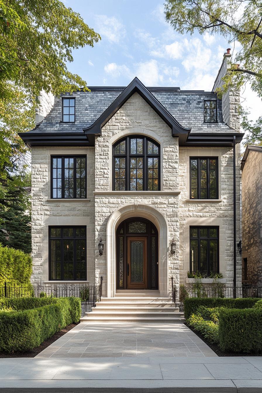 Elegant French-style house with a stone exterior and large windows