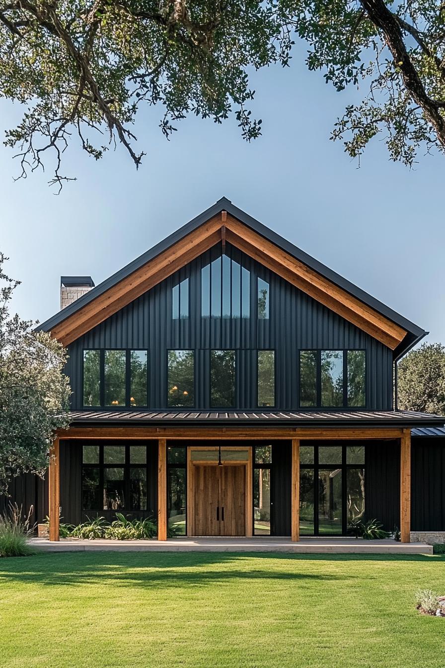 Contemporary barn-style house with large front windows and wooden trim