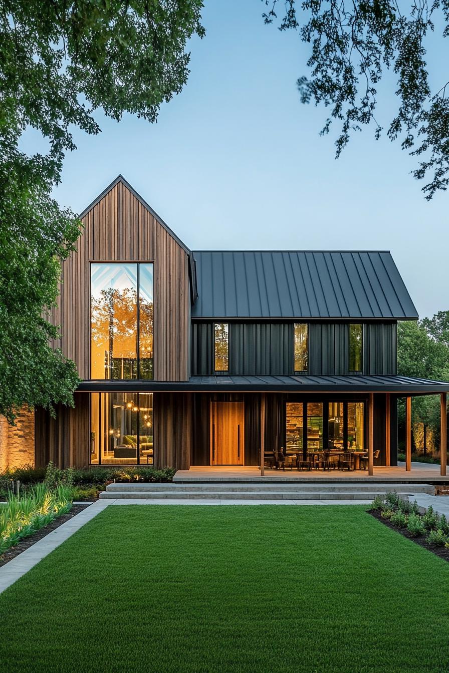 Modern barndominium with lush lawn