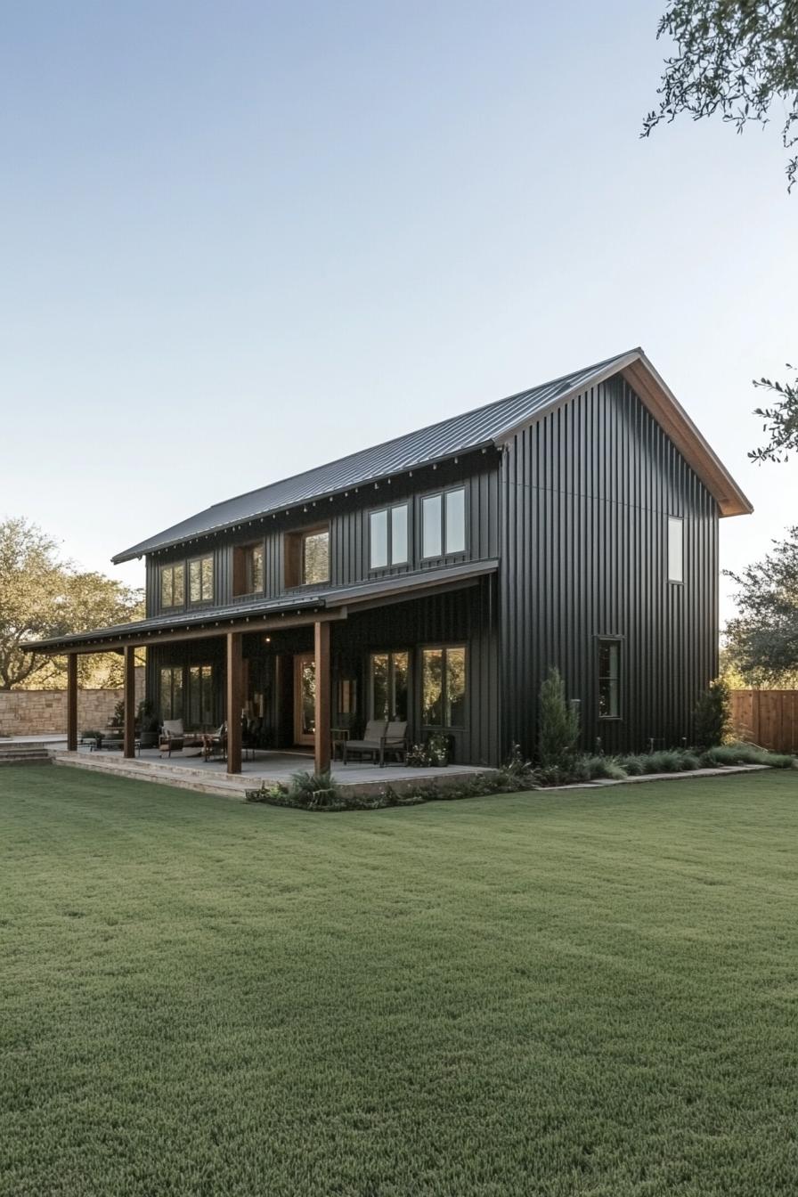 Sleek black barndominium with a patio