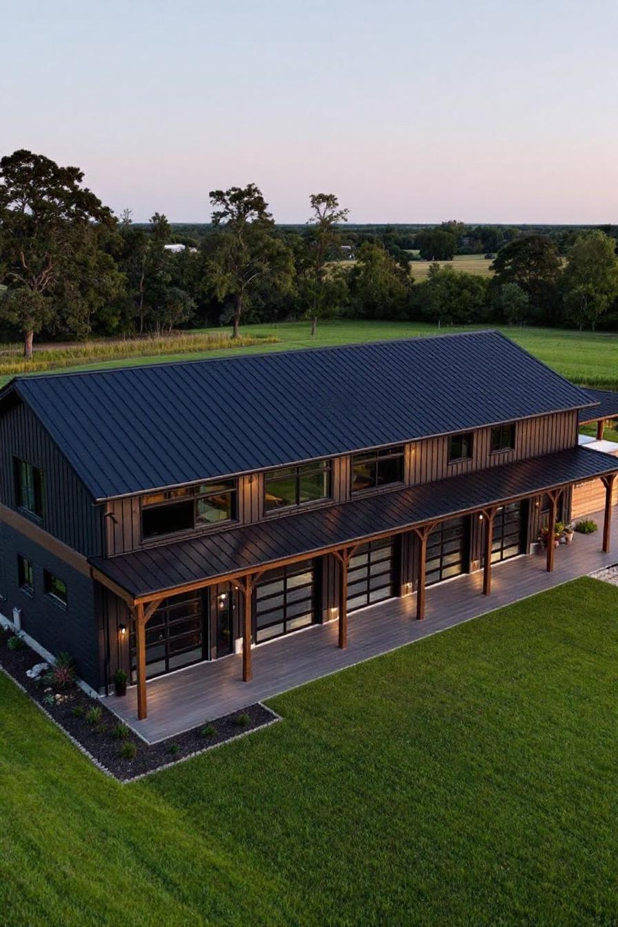 Sleek barndominium with black metal roof