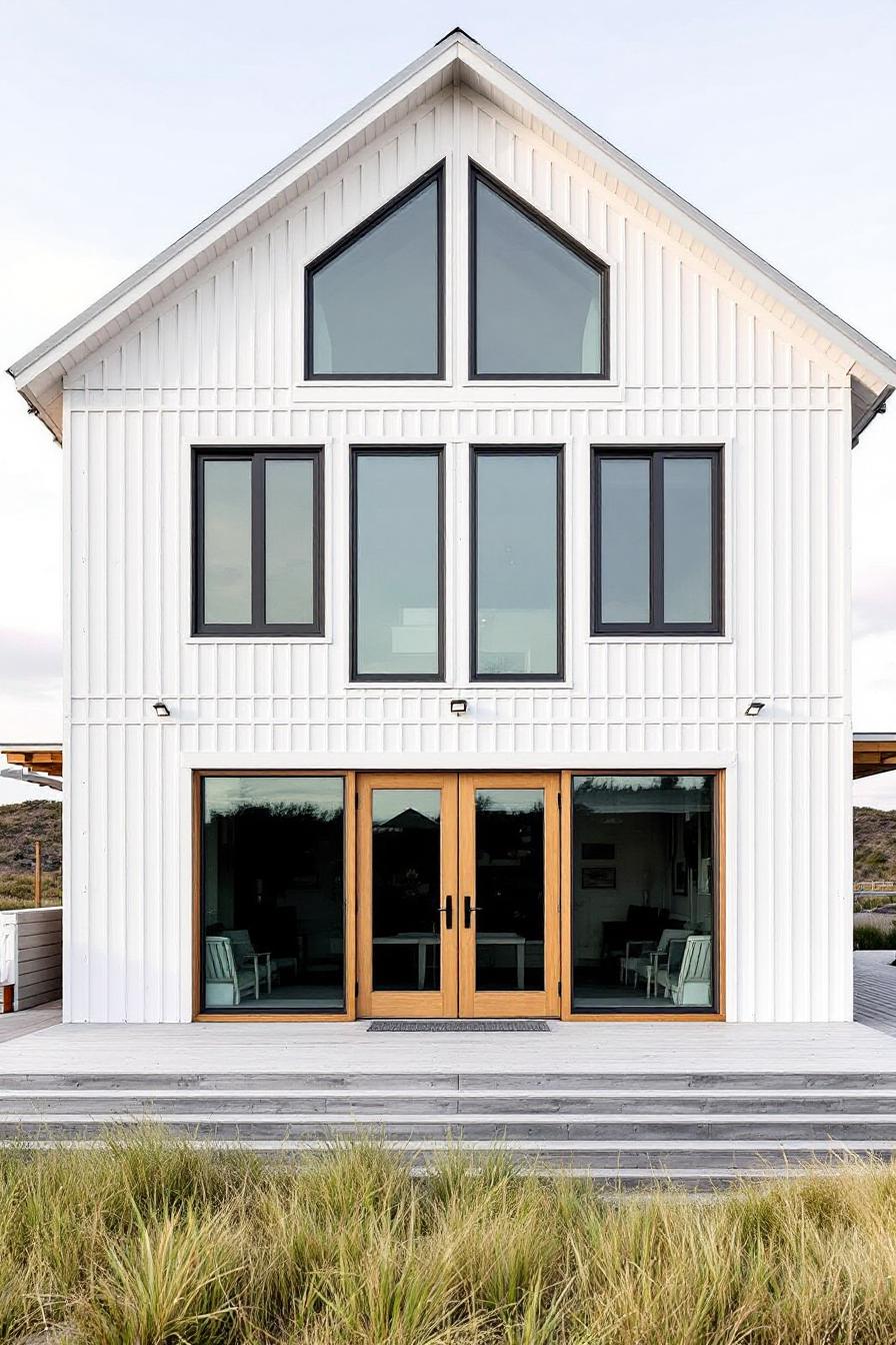 Modern white beach house with large windows and wooden doors