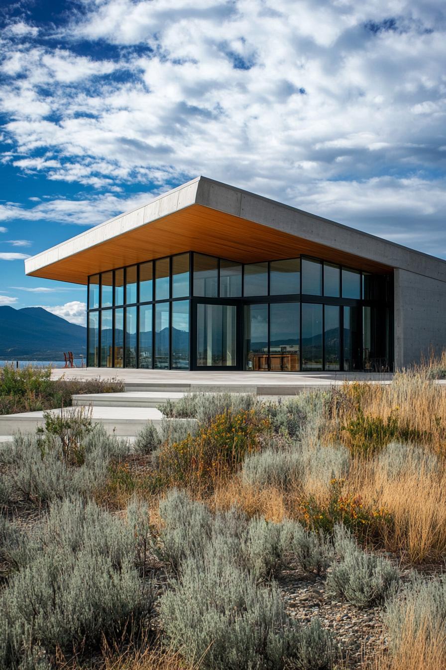 Modern beach house with large glass windows and a flat roof