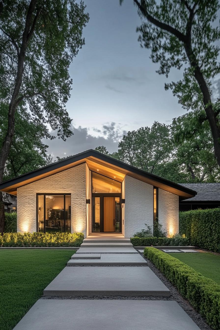 Front view of a modern bungalow with a lit entrance