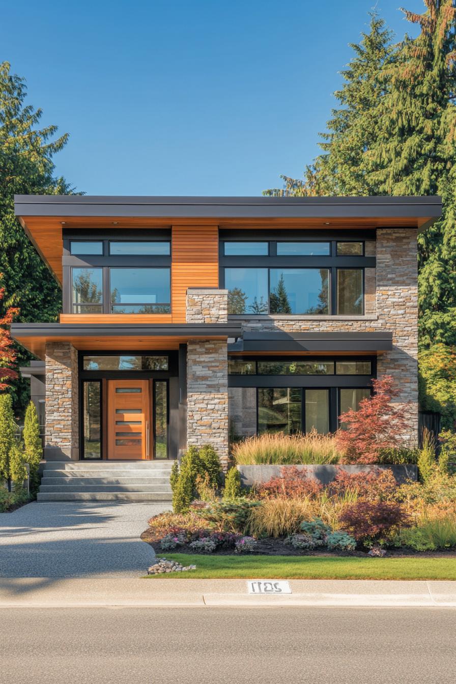 Modern house facade with stone and wood elements