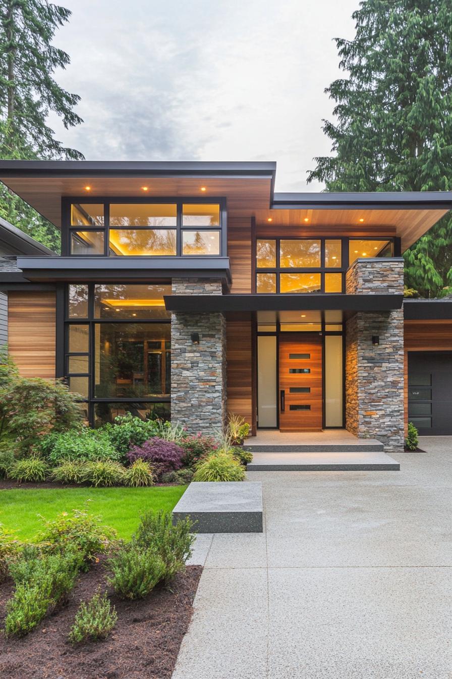 Modern house facade with stone and wood elements