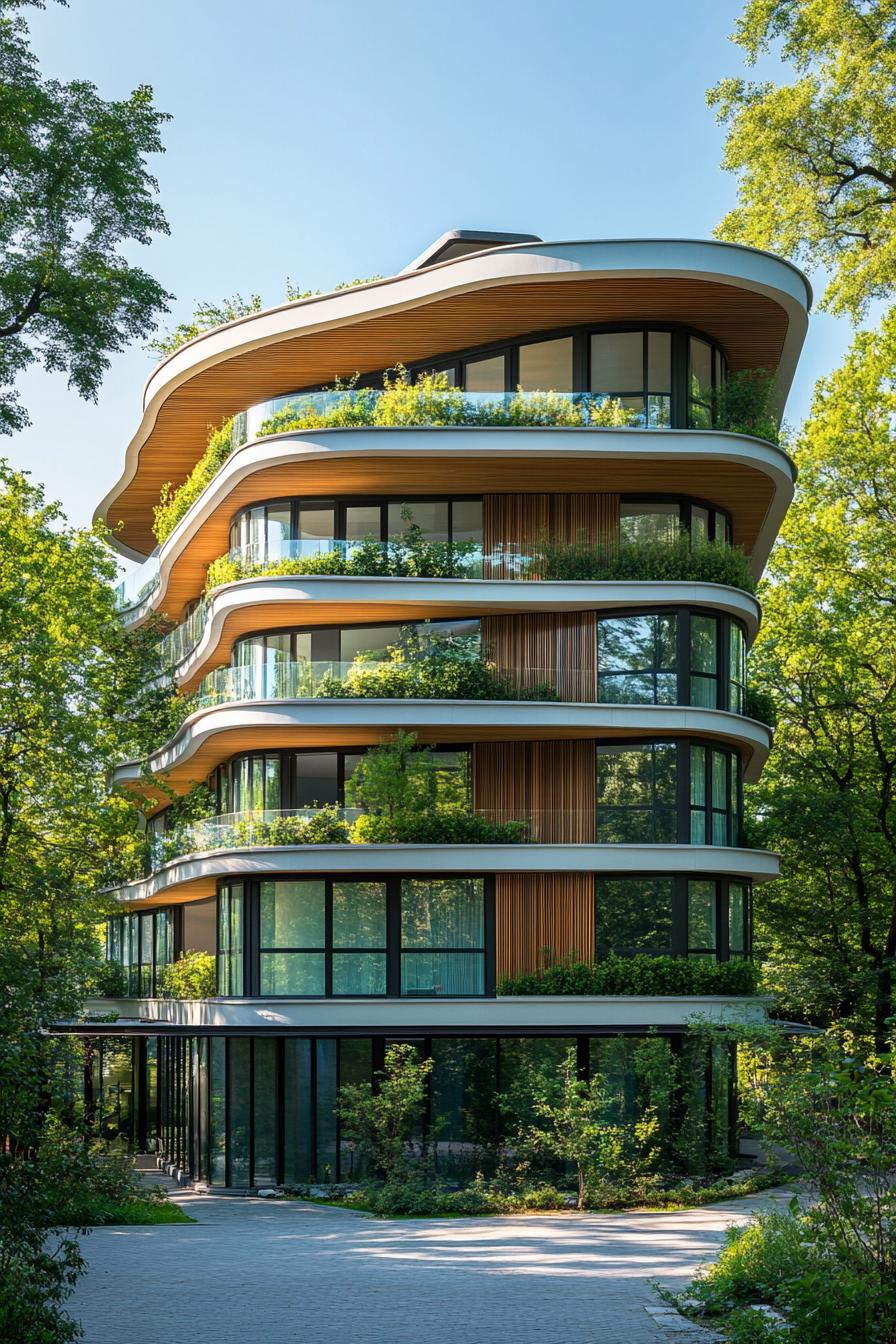 Curved modern building with lush terraces