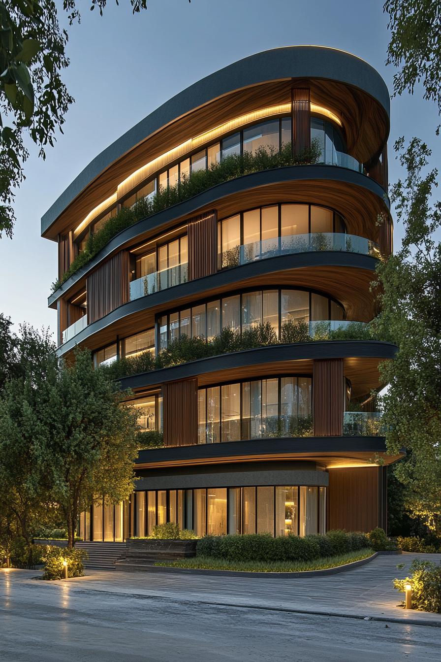 Curved building with lush greenery and glass balconies